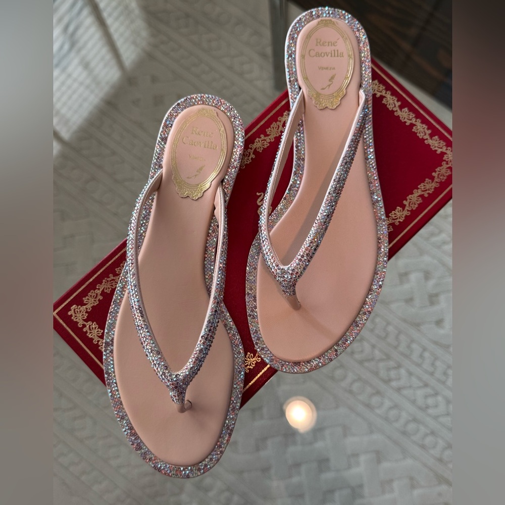 Rene Caovilla Pink Crystal trim strass thong sandal. Size 37